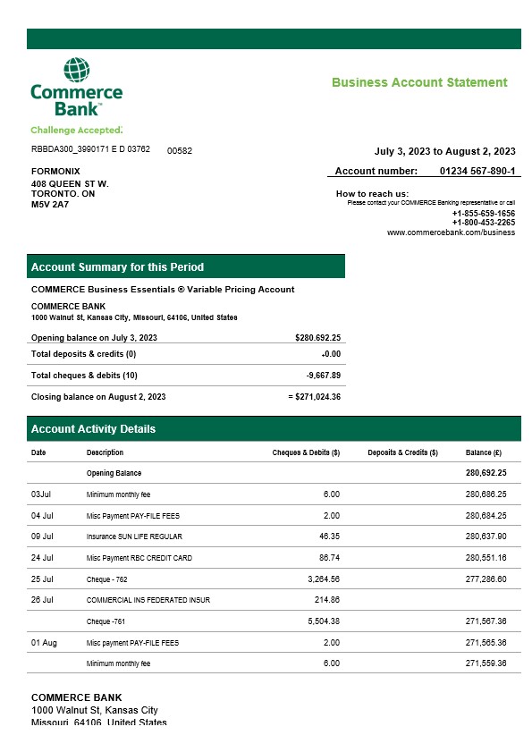 Modèle Word et PDF de relevé de compte d'entreprise de Commerce Bank